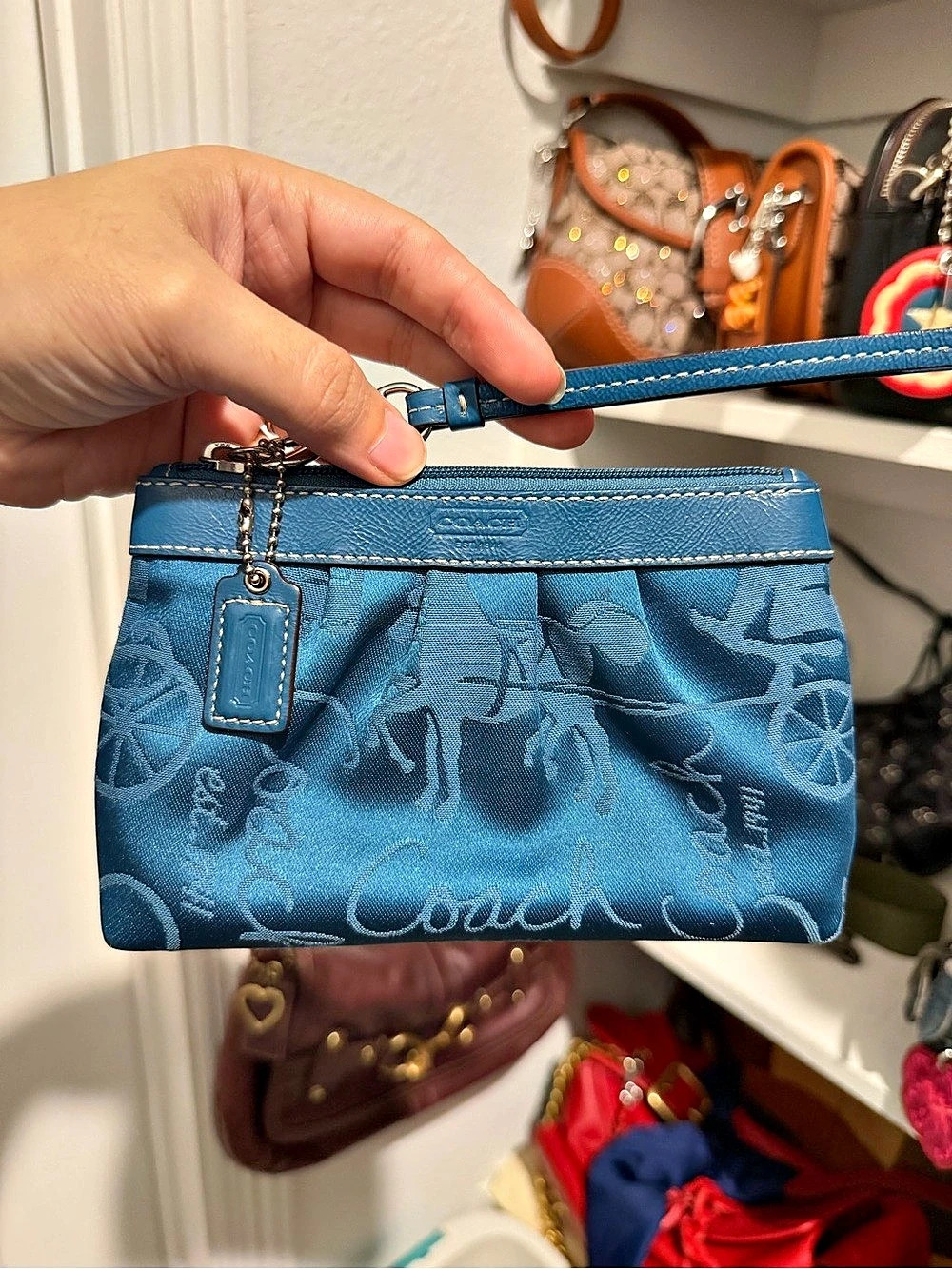 Coach Horse and Carriage Satin Wristlet in Blue